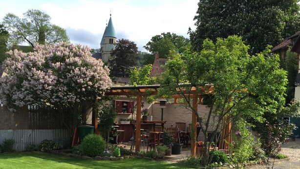 Un jardín bien cuidado con una pérgola, varios árboles y un edificio con un estilo arquitectónico tradicional al fondo.