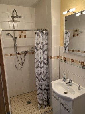 Shower, hair dryer, towels, soap