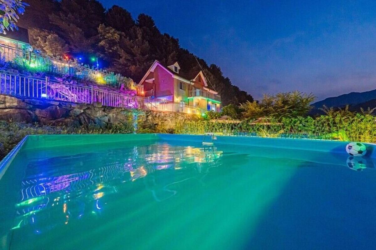 A swimming pool with a soccer ball, surrounded by a landscaped area with tropical plants and a mountain backdrop.