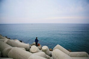 Una persona pescando en un muelle con grandes bloques de hormigón.