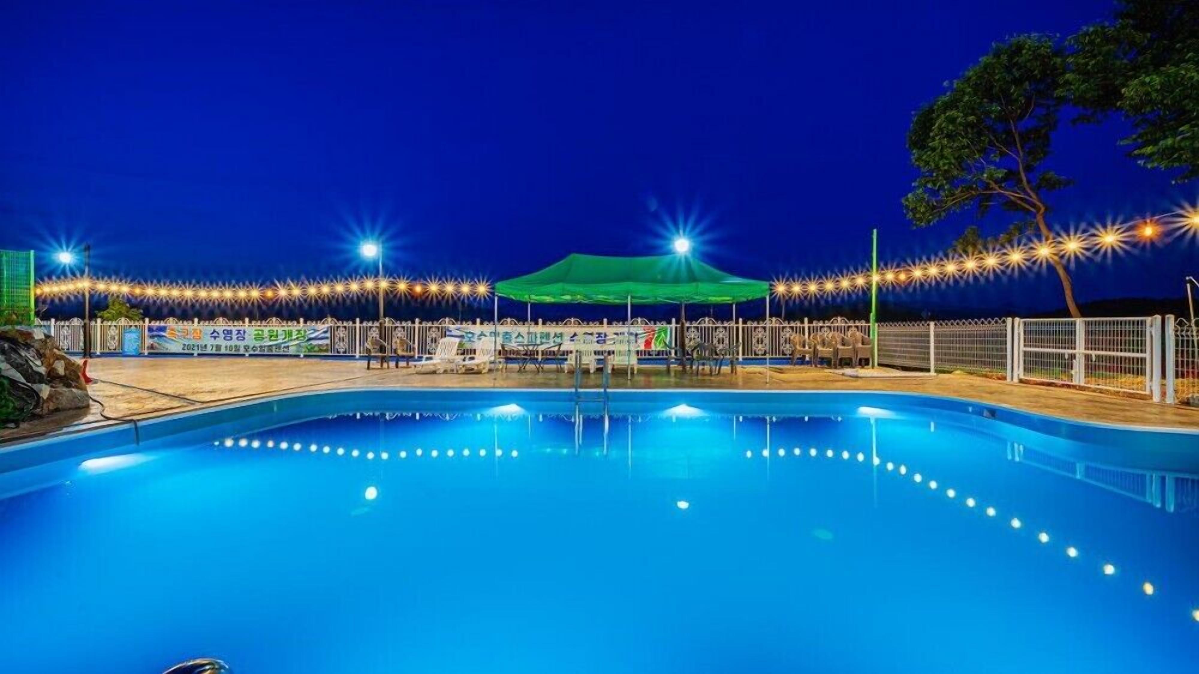 A swimming pool at night with lights around it, a green canopy, and a fence.