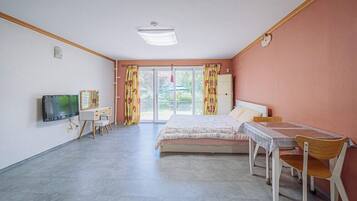 Un dormitorio con cama, escritorio, silla, televisor y armario.