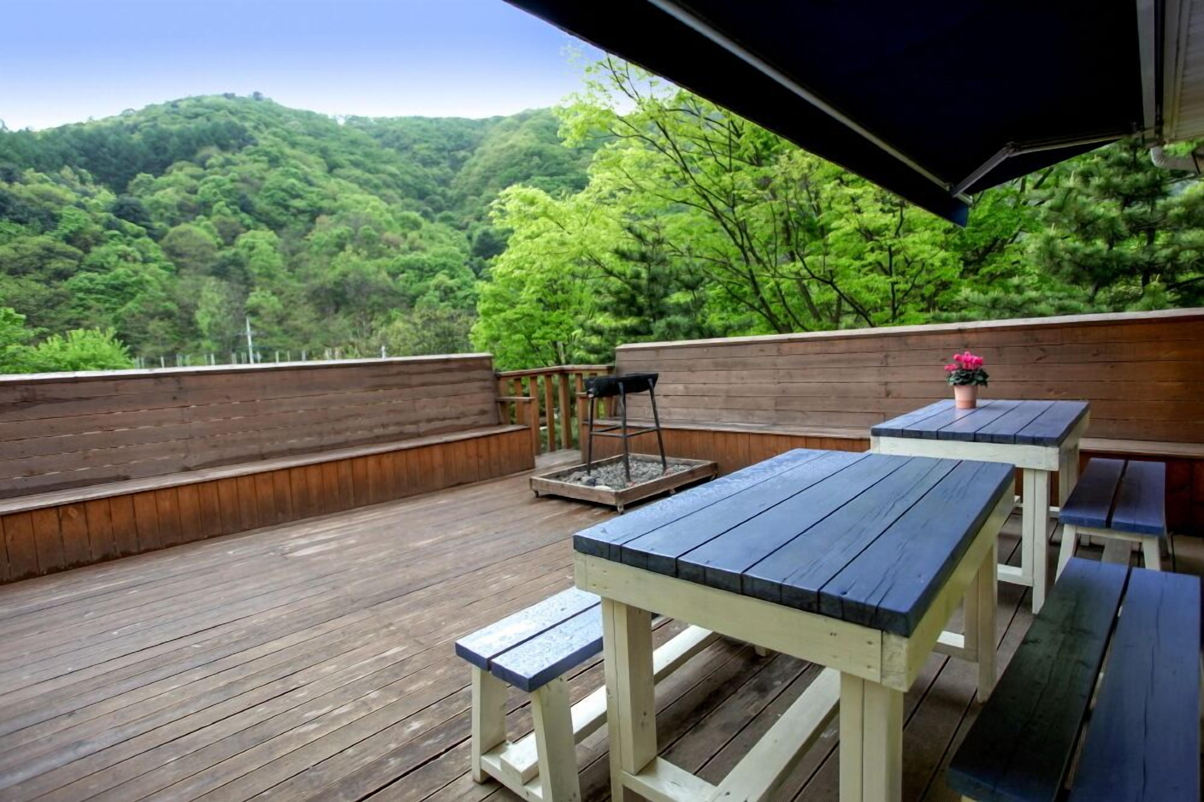 Una terraza de madera con mesas de picnic y una parrilla, con vistas a una ladera boscosa.