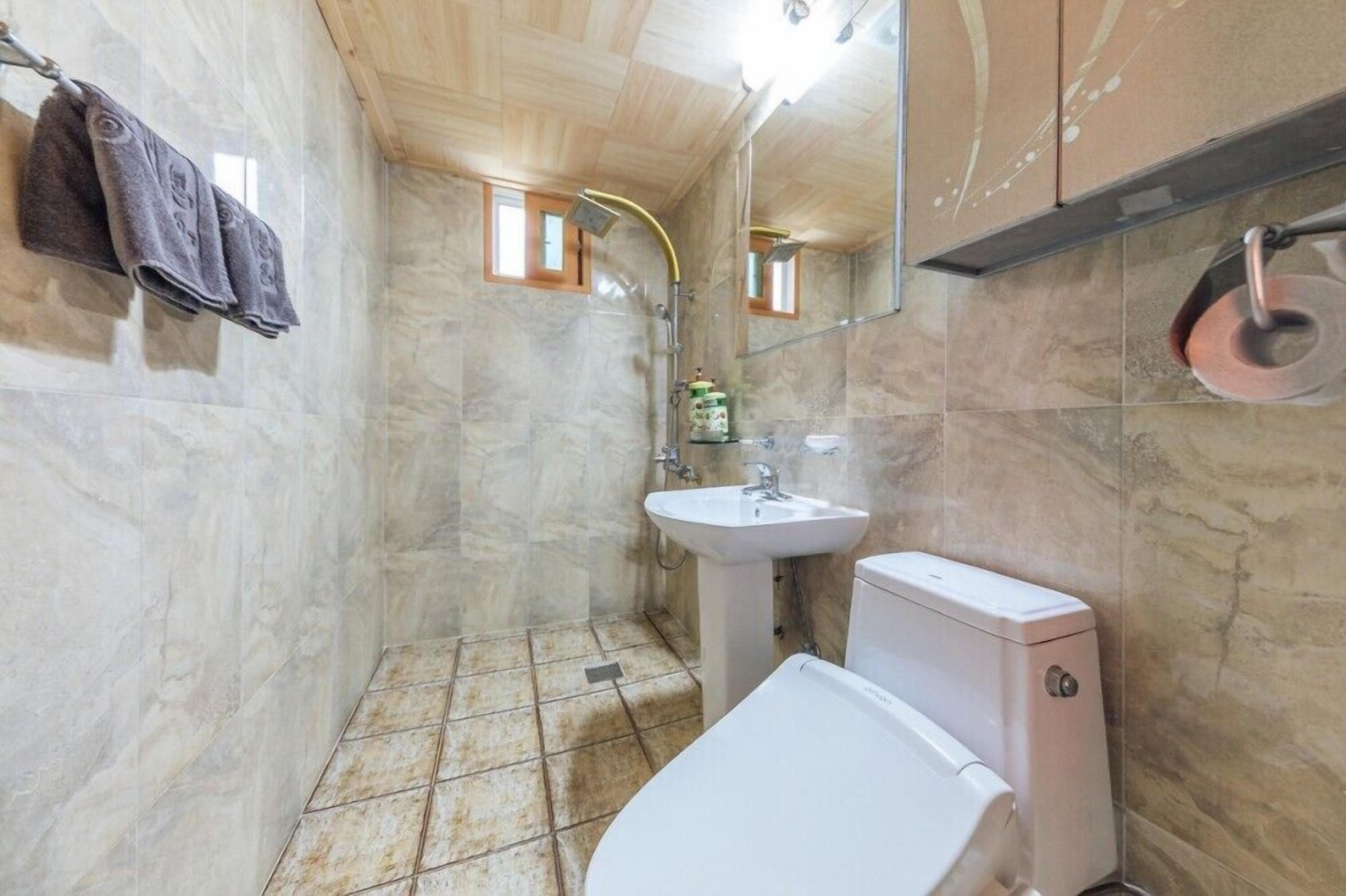 Ein Badezimmer mit Dusche, Waschbecken, Toilette und Spiegel.