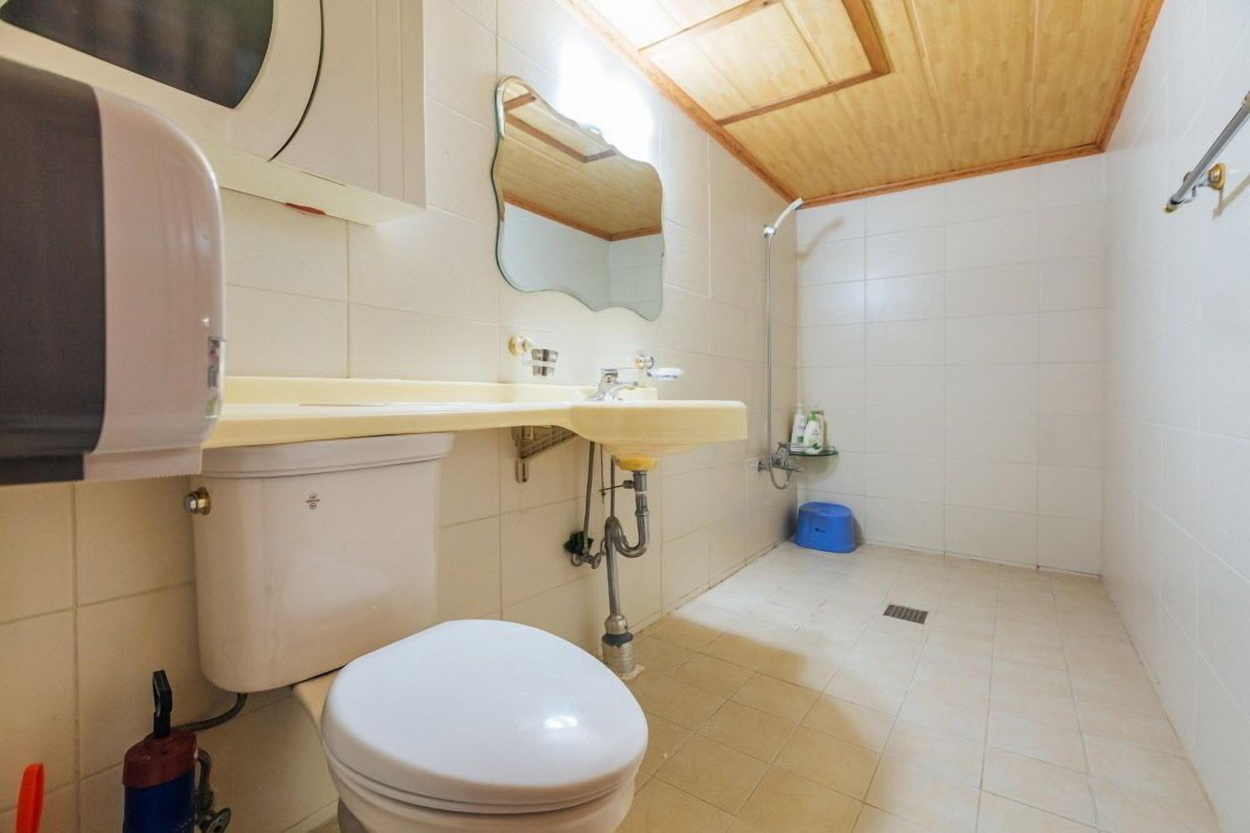 Et lille badeværelse med toilet, håndvask og bruser.