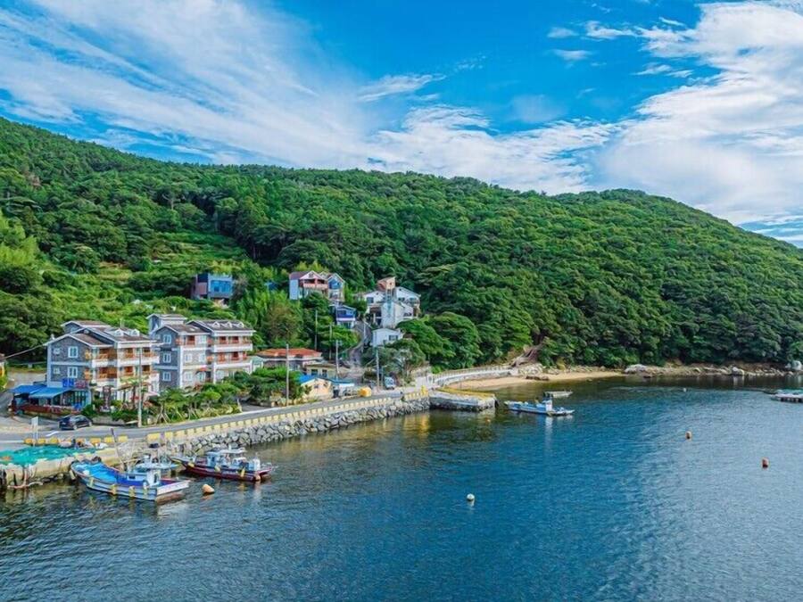 Zona costera con un puerto deportivo, barcos y edificios con balcones con vistas al agua.