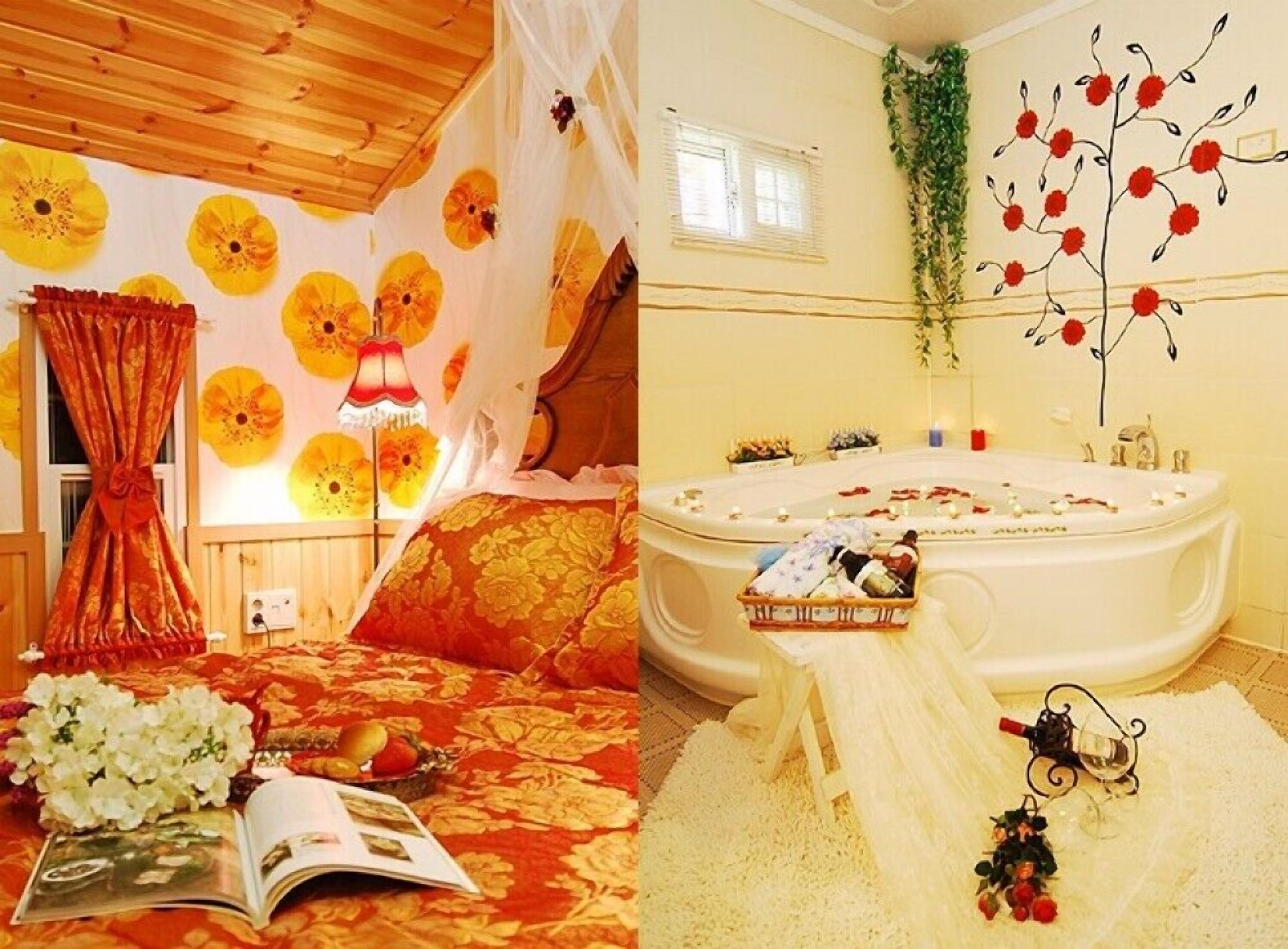 A bedroom with a floral wallpaper, a bed with a red and gold bedspread, a bedside table with a book and flowers, and a window with curtains. The image also shows a bathroom with a bathtub, a shower, a sink, and a wall decoration of red flowers.