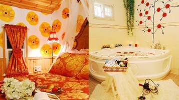 A bedroom with a floral wallpaper, a bed with a red and gold bedspread, a bedside table with a book and flowers, and a window with curtains. The image also shows a bathroom with a bathtub, a shower, a sink, and a wall decoration of red flowers.