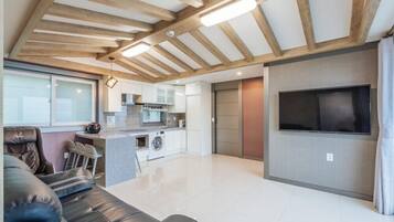 A modern living room with a sofa, a TV mounted on the wall, and a kitchen area with a washing machine.