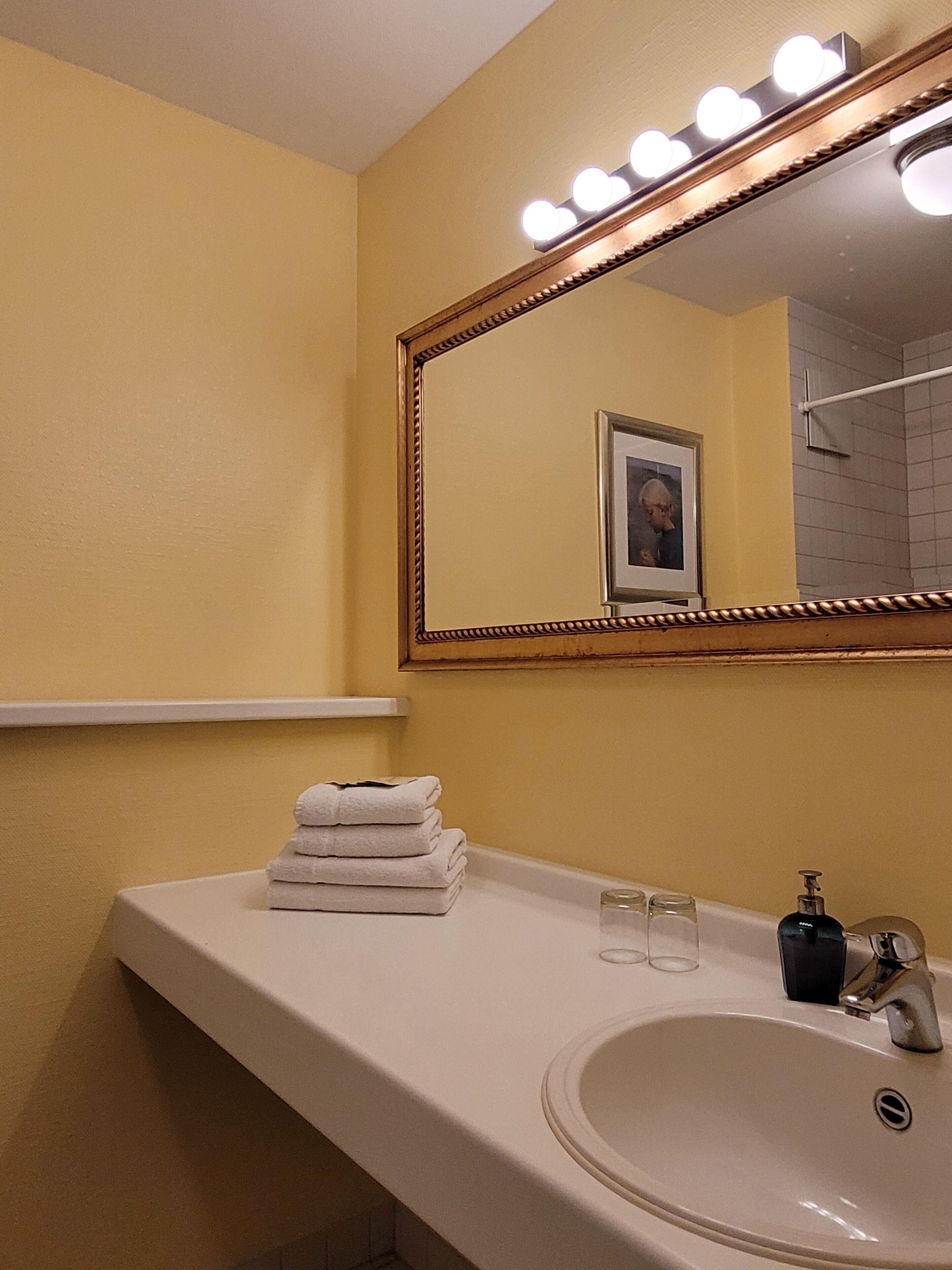 A bathroom with a white sink, a mirror with lights, and a framed picture on the wall.