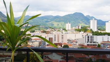 A cityscape with buildings, a mountain range, and a plant in the foreground.