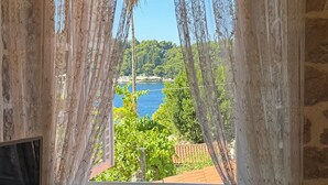 Una habitación con ventana, cortinas traslúcidas, aire acondicionado de pared y vistas a un lago y vegetación.