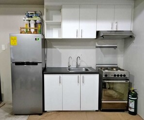Fridge, oven, stovetop, electric kettle