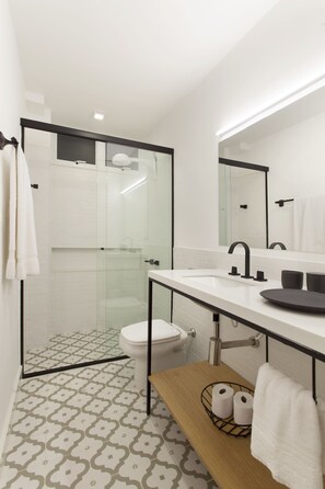 Hair dryer, towels, soap, toilet paper