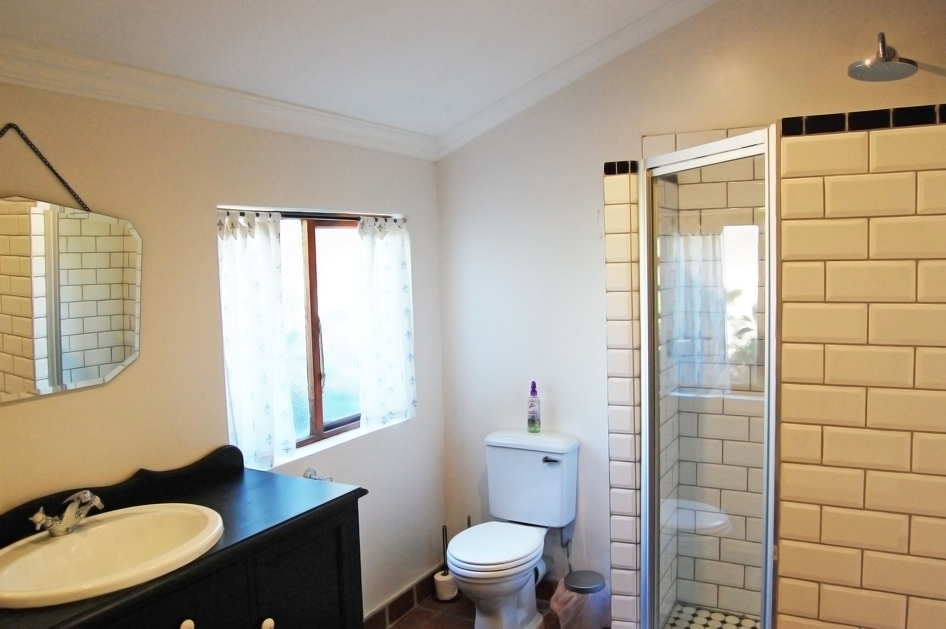 A bathroom with a white sink, toilet, and a glass-enclosed shower area.