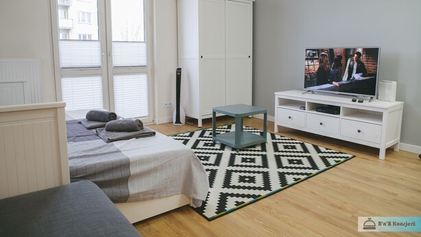 Une chambre à coucher avec un lit, une télévision, une armoire et un tapis à motifs.