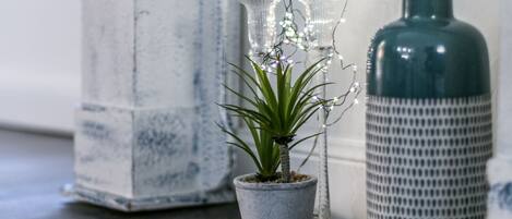 A small potted plant, a clear glass vase with lights, and a textured ceramic container on a wooden surface.