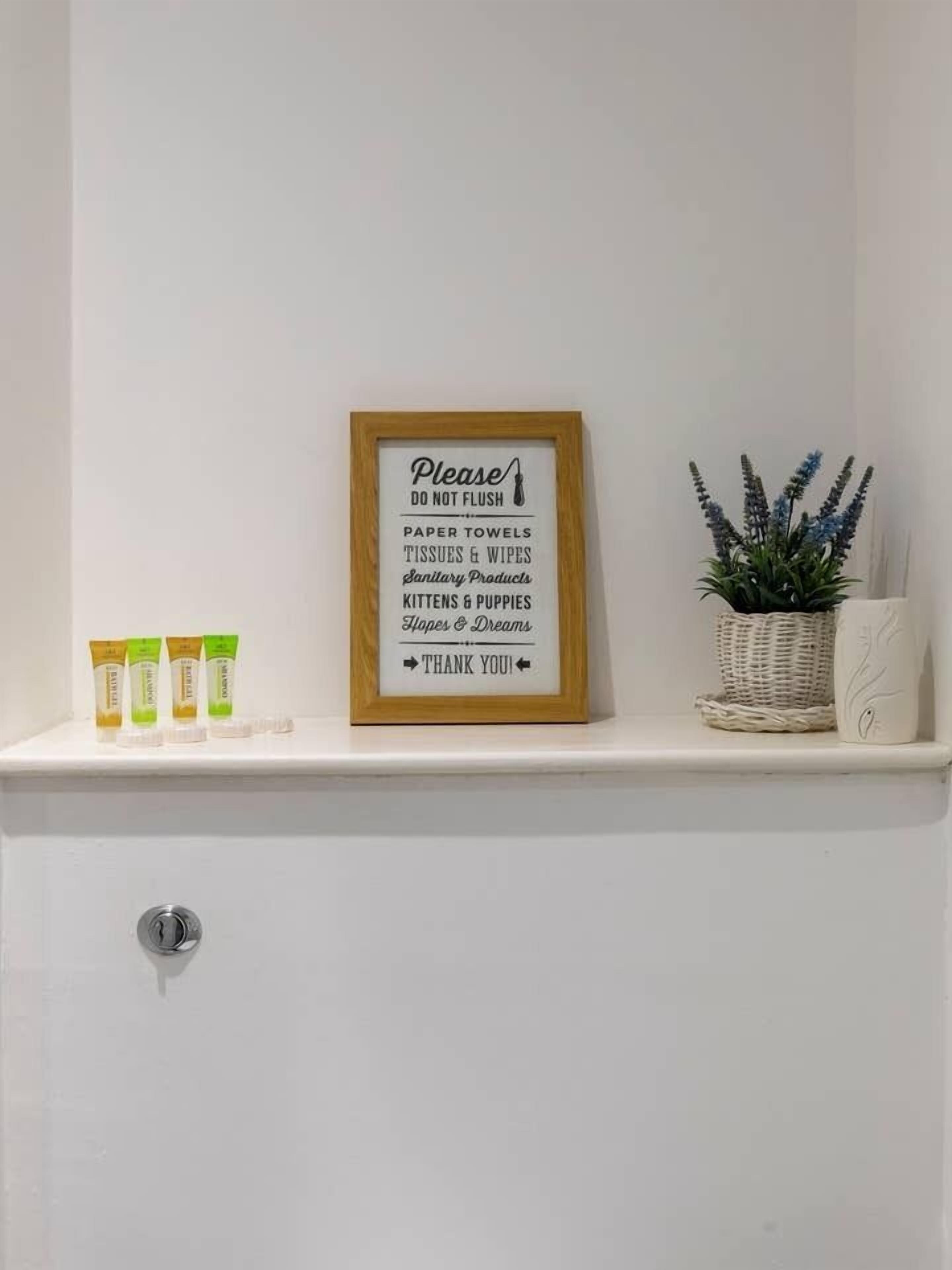 A framed sign on a white shelf listing items not to flush, such as paper towels and tissues, with a thank you note below.