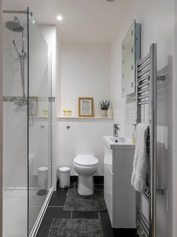 A modern bathroom with a glass-enclosed shower, a toilet, a sink, and a towel rack.