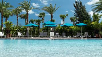 Outdoor pool, pool umbrellas, sun loungers
