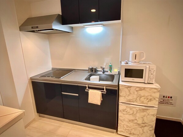 Kühlschrank, Mikrowelle, Herdplatte, Kochgeschirr/Geschirr/Besteck