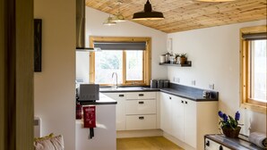 A compact kitchen with wooden ceiling beams, a built-in stove, and pendant lighting. - Laurel Lodge - Log Cabin - St Florence (Tenby)