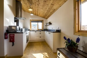 Una cocina con armarios blancos, techo de madera, microondas, tostadora y extintor.