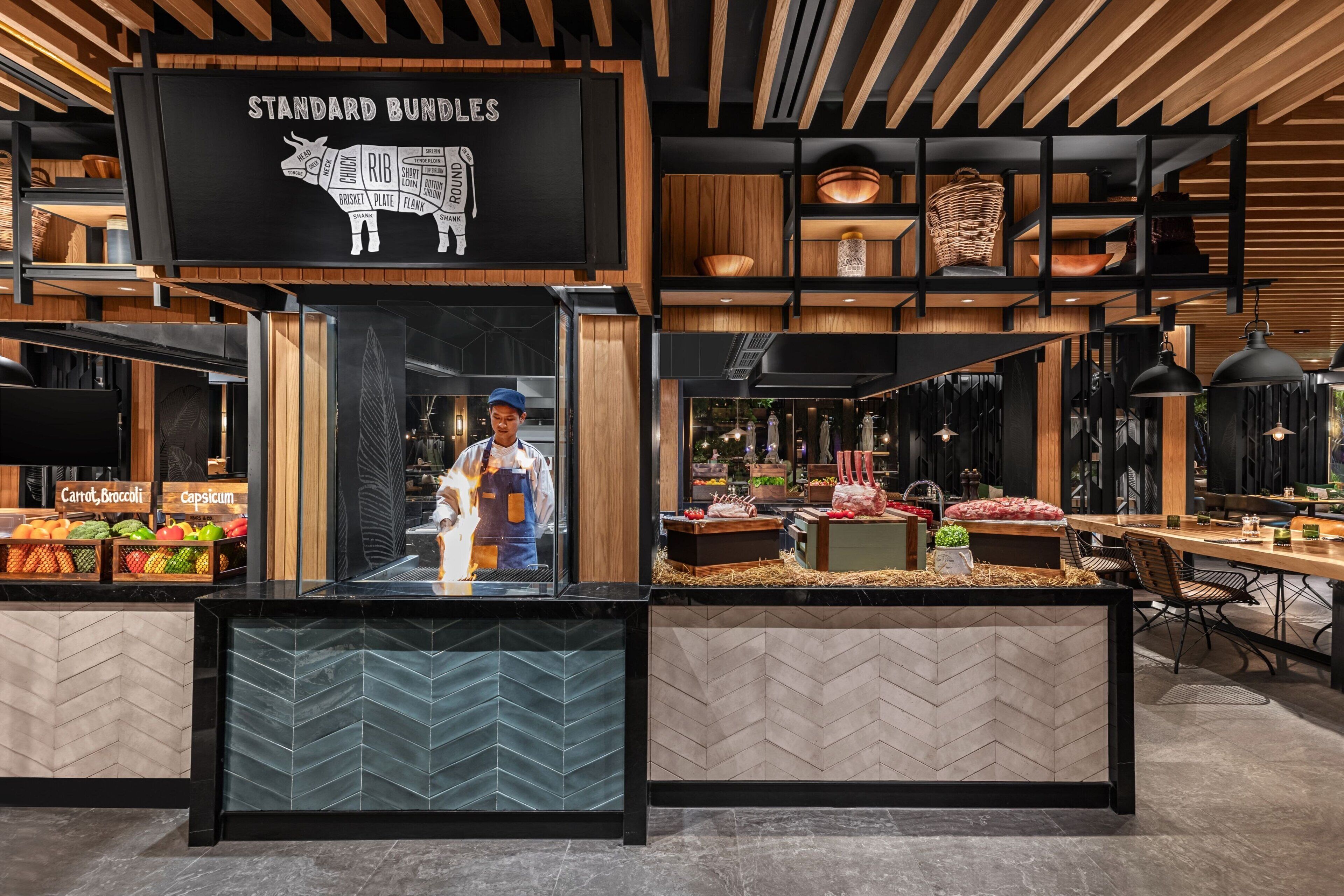 A butcher shop with a sign reading "STANDARD BUNDLES" and a display of meat cuts.