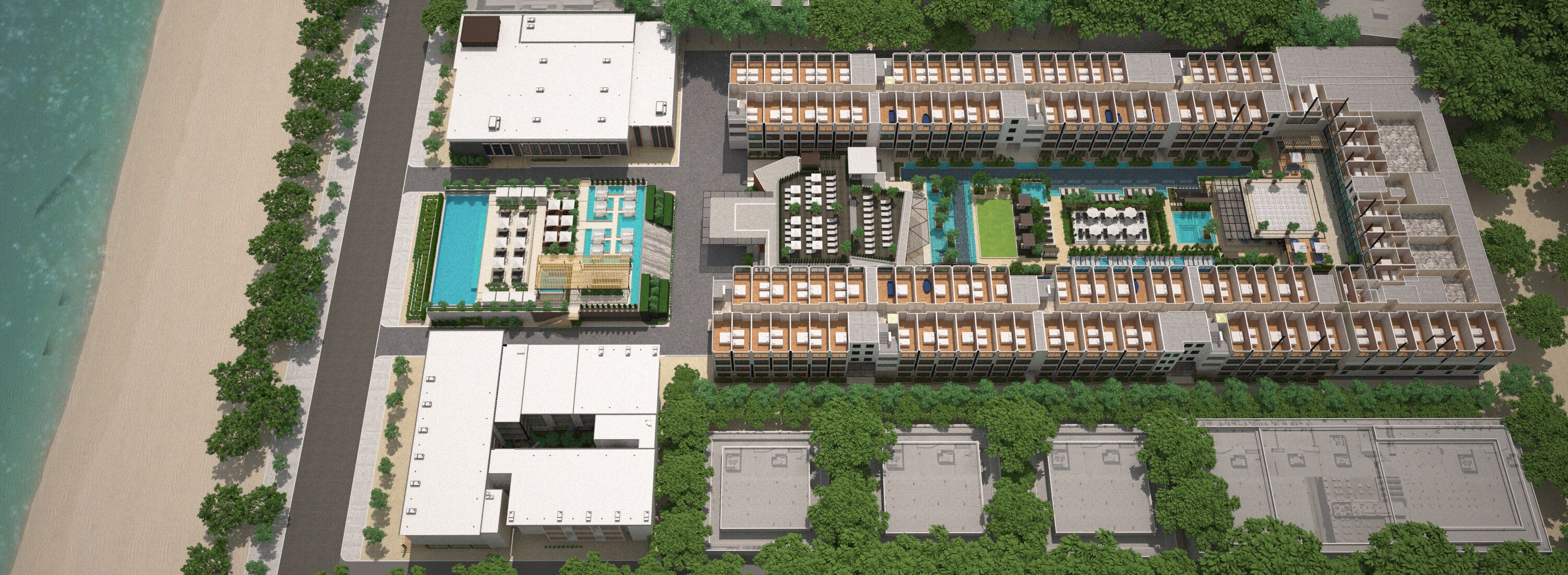 A resort with multiple buildings, a swimming pool, and a beach.