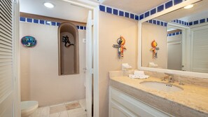 Shower, hair dryer, towels