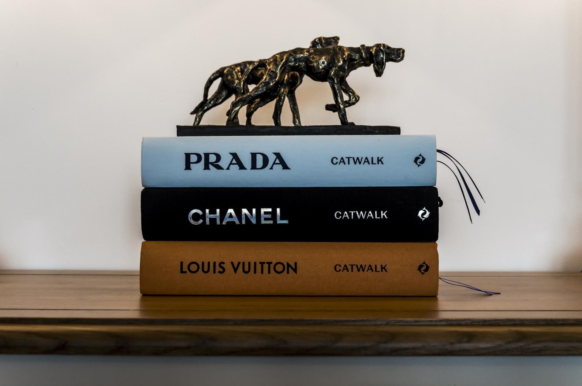Una pila de libros de marcas de lujo con una figurita de perro encima.