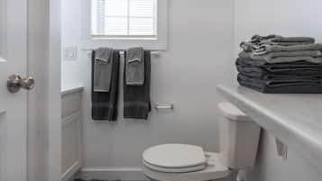 Hair dryer, towels, soap, shampoo
