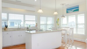 A modern kitchen with white cabinetry, a central island, pendant lighting, and large windows with blinds.