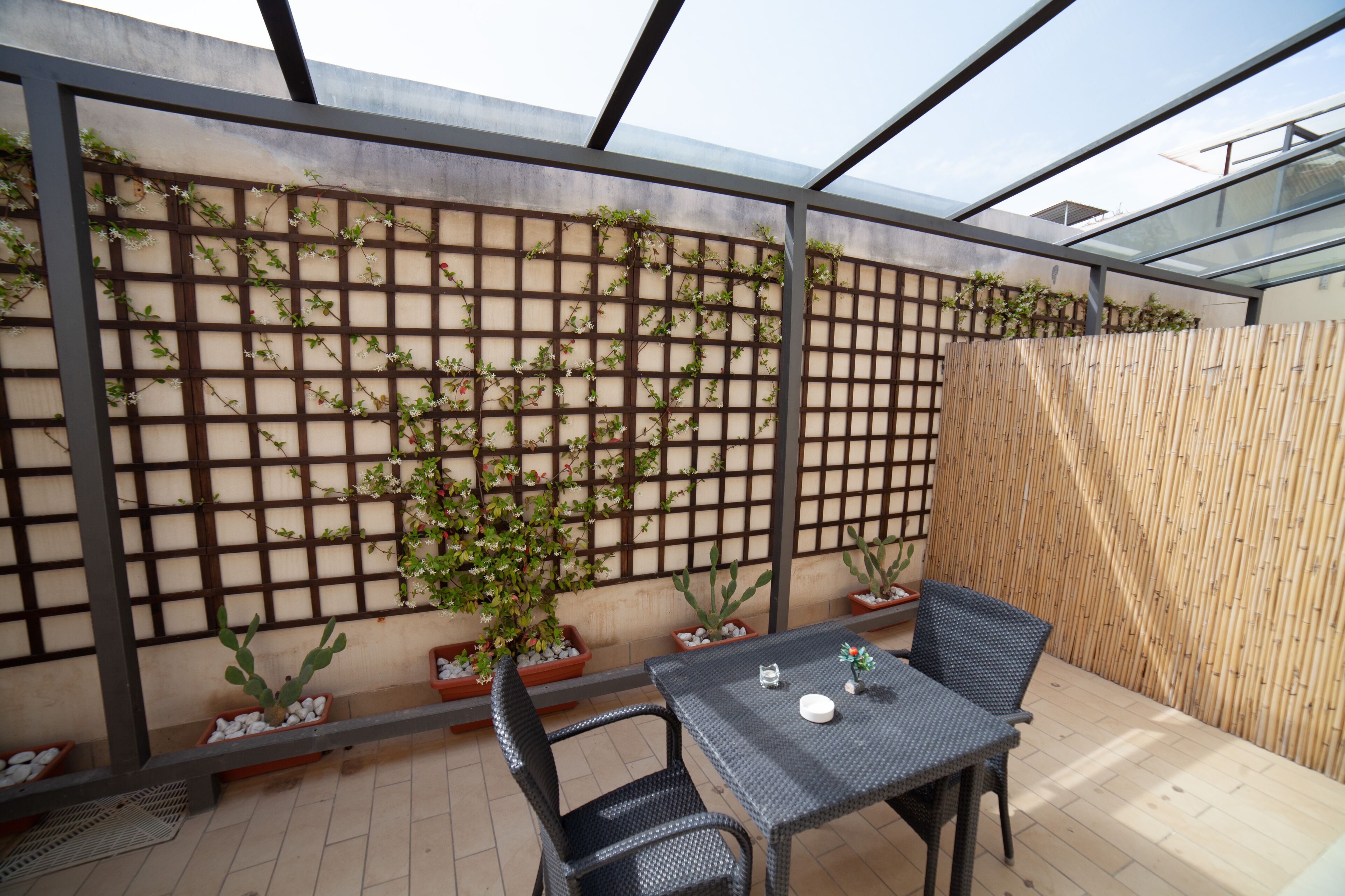 Zona exterior amb terrassa, taula i cadires, plantes en testos i tanca de bambú.