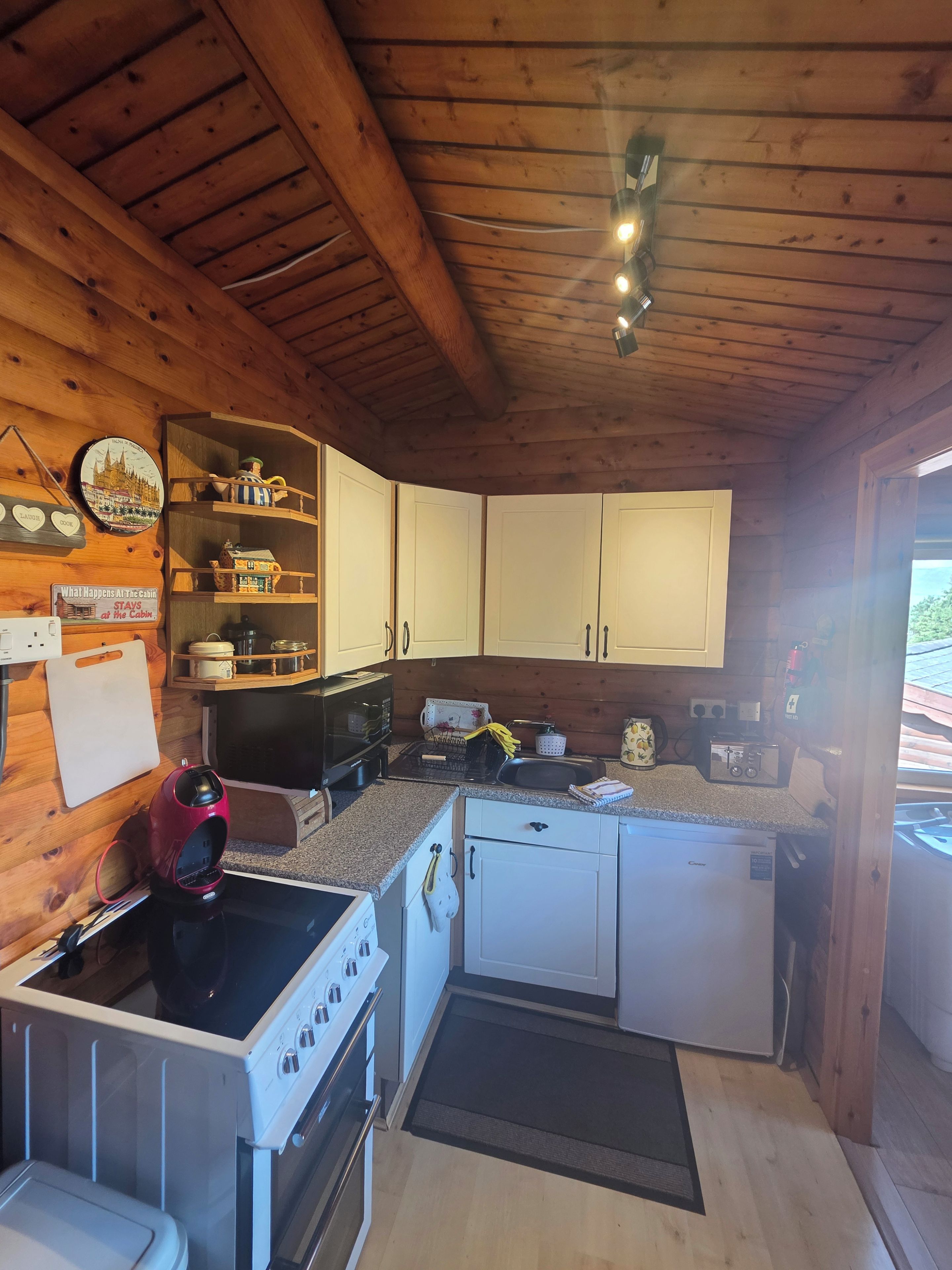 A compact kitchen with wooden walls, a stove, a sink, and a dishwasher.