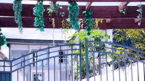 A gated entrance with a metal gate and decorative vines. - Residence Hoteliere Flana B (Libreville)
