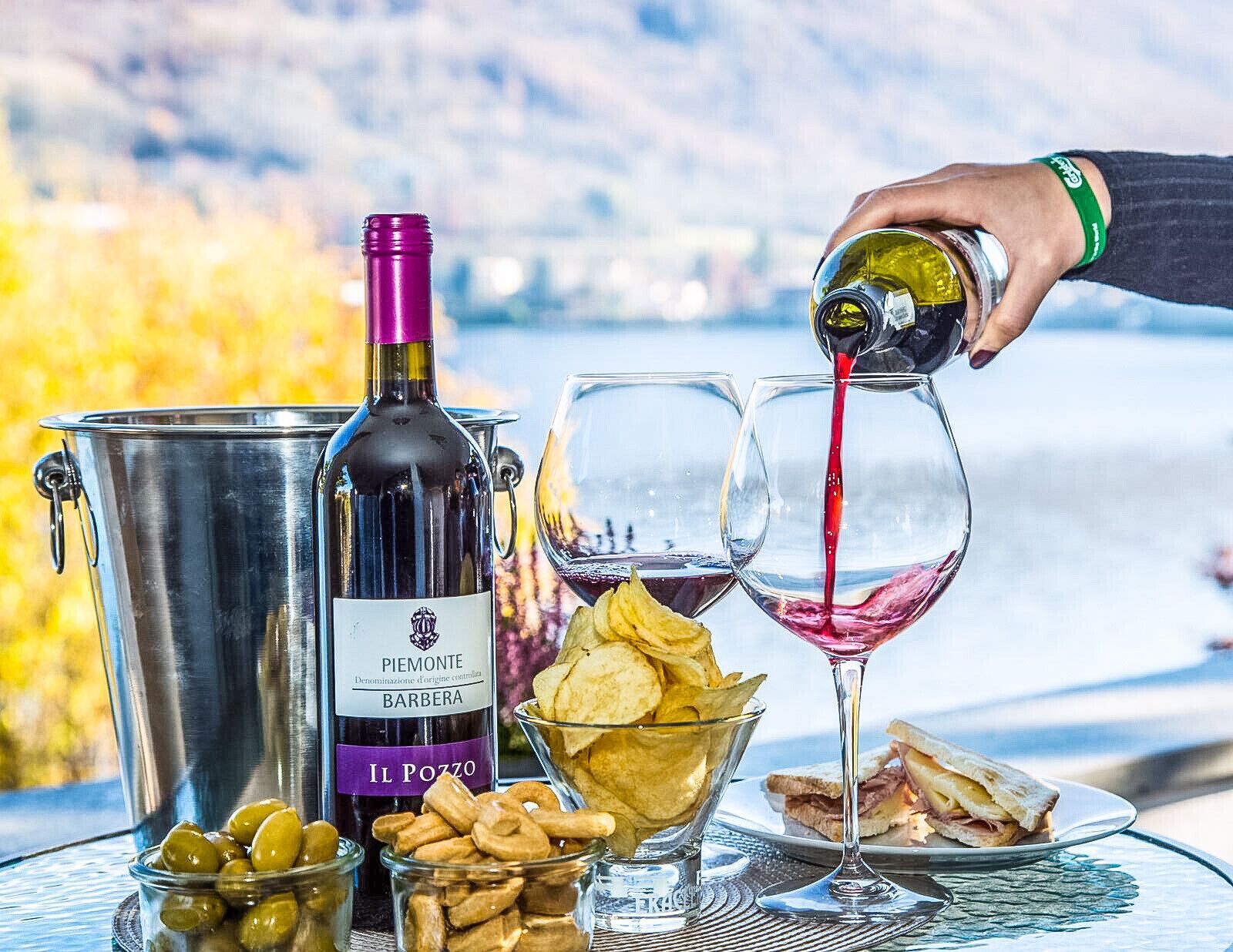 Una botella de vino, dos copas, un cubo y aperitivos sobre una mesa con una vista panorámica al fondo.
