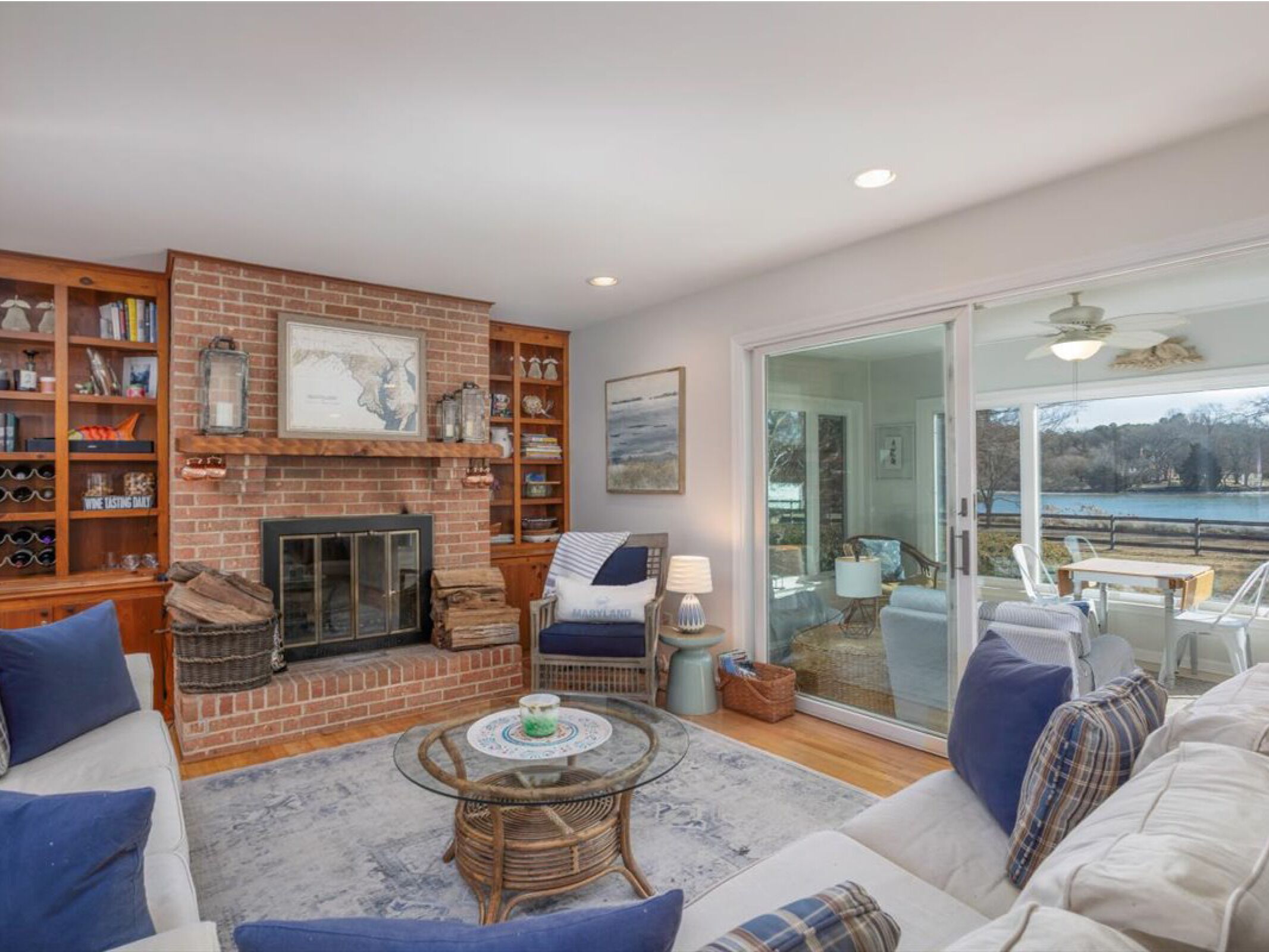 TV, fireplace, books