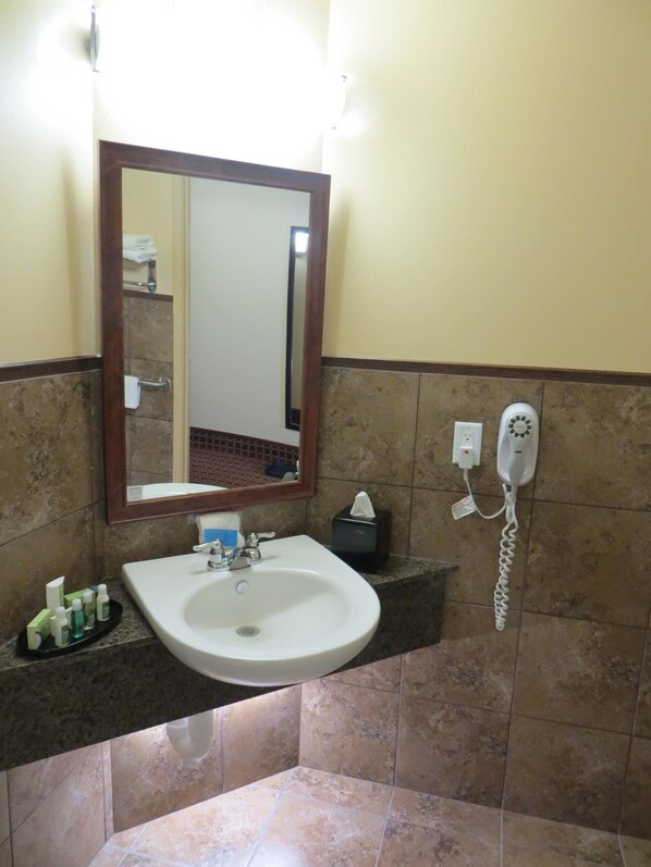 A bathroom with a white sink, a mirror, a hairdryer, and toiletries on the counter.