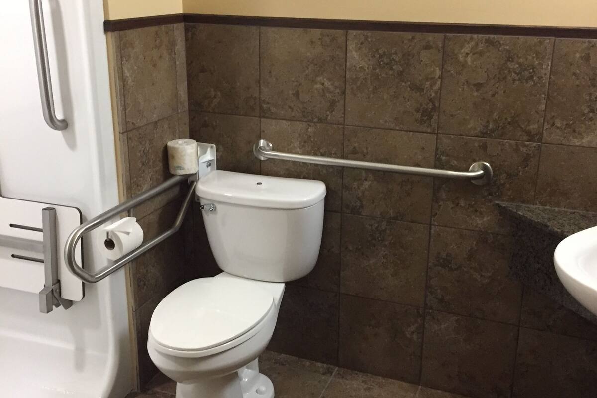 A bathroom with a white toilet, a grab bar, and a bathtub.