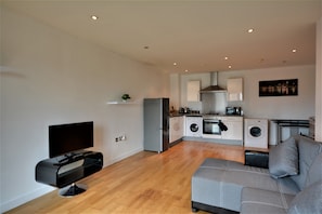 A modern living room with a flat-screen TV, a sofa, and a kitchen area with appliances.