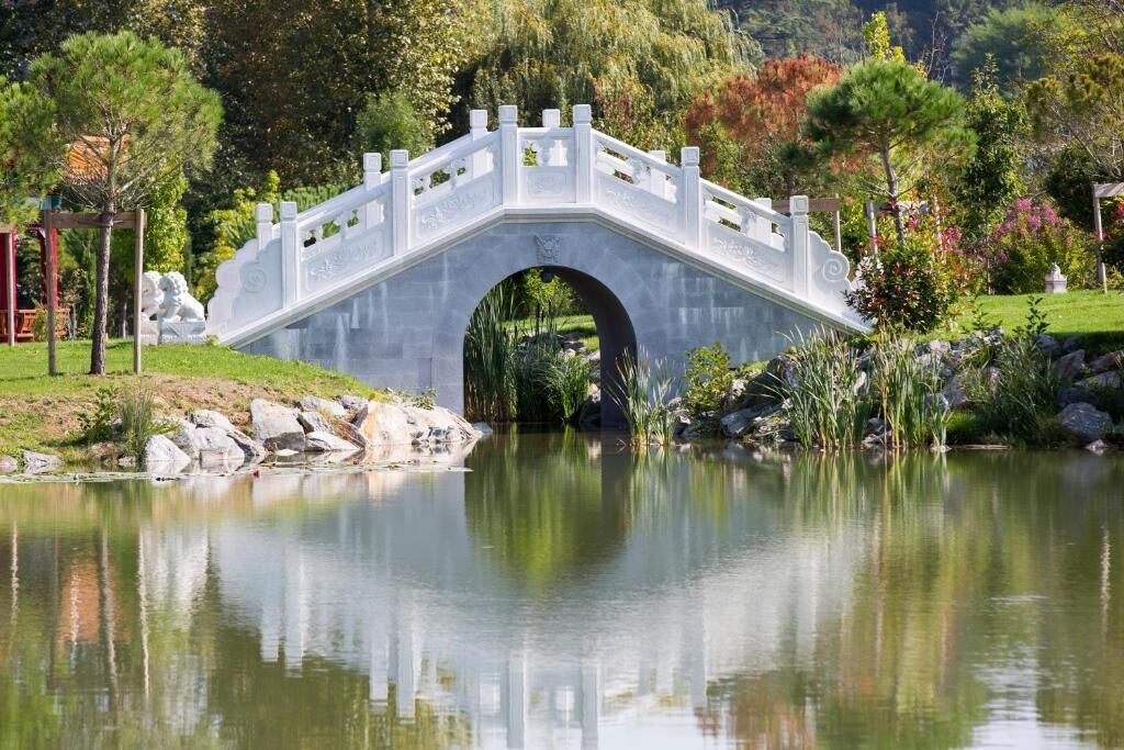 Un puente de piedra sobre un estanque tranquilo con un jardín y árboles al fondo.