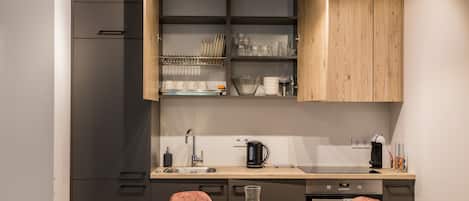 Fridge, oven, coffee/tea maker, cookware/dishes/utensils