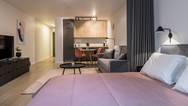 Una habitación de hotel moderna con una cama, un escritorio, un sofá y un televisor.