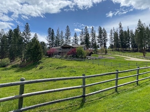 A two-story house with a balcony, surrounded by a wooden fence and a well-maintained lawn.