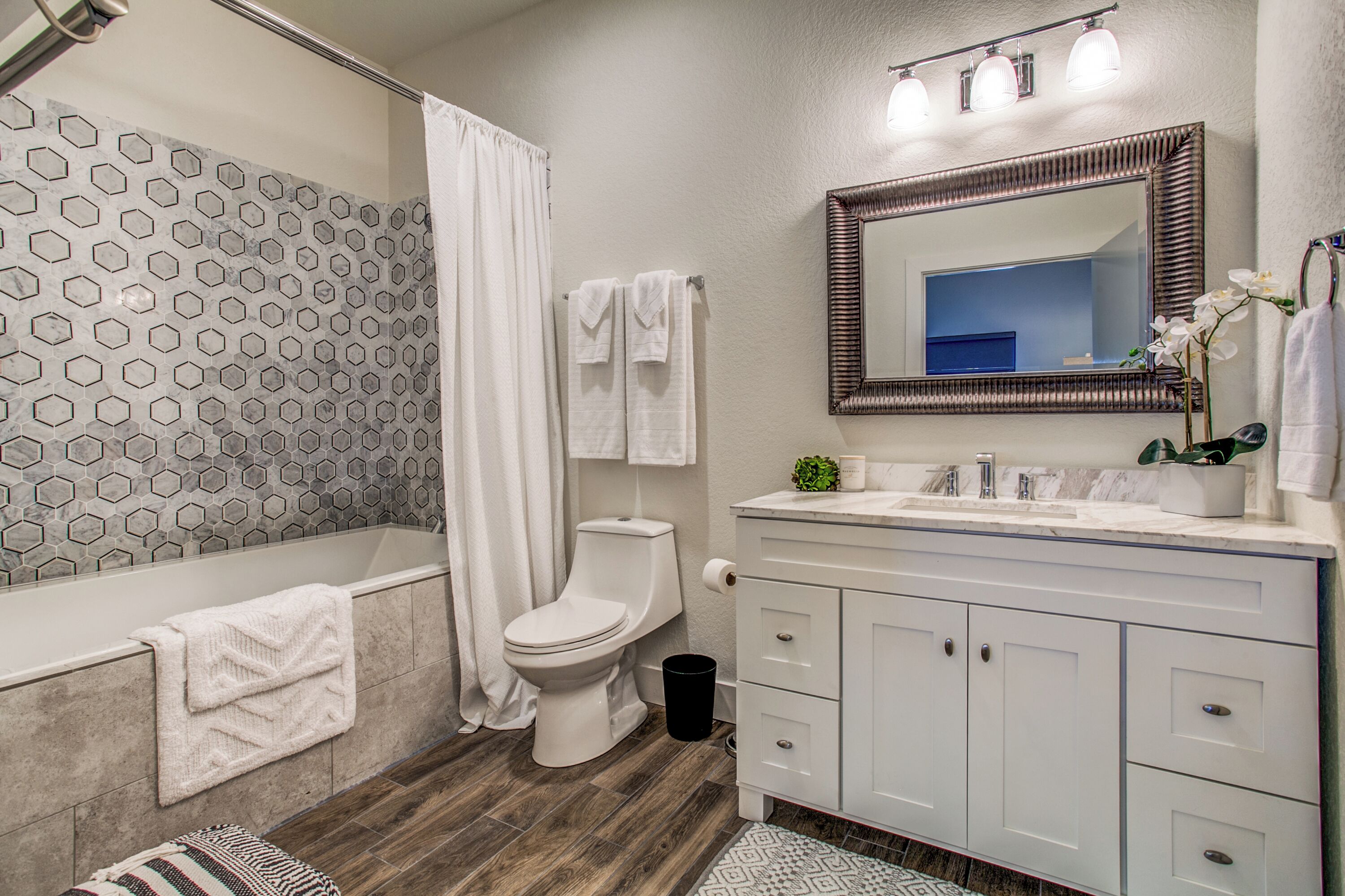 Hair dryer, towels, soap, shampoo