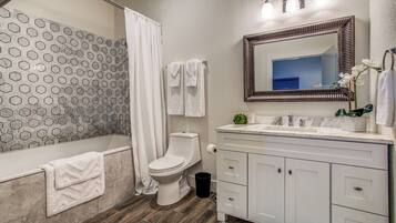 Hair dryer, towels, soap, shampoo