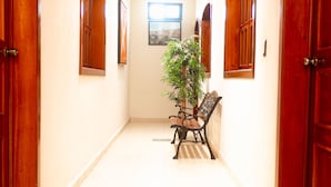 A hallway with wooden doors, a bench, and a potted plant. - Hotel Bacalar Magico (Bacalar)