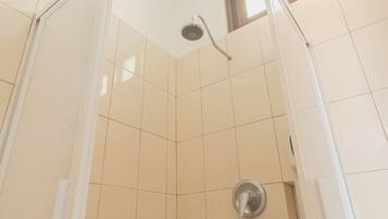 Shower, free toiletries, towels, soap