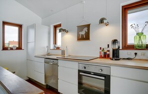 Fridge, stovetop, dishwasher, coffee/tea maker